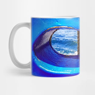 Bull´s eye in a blue iron wall from a ship. 3b Mug